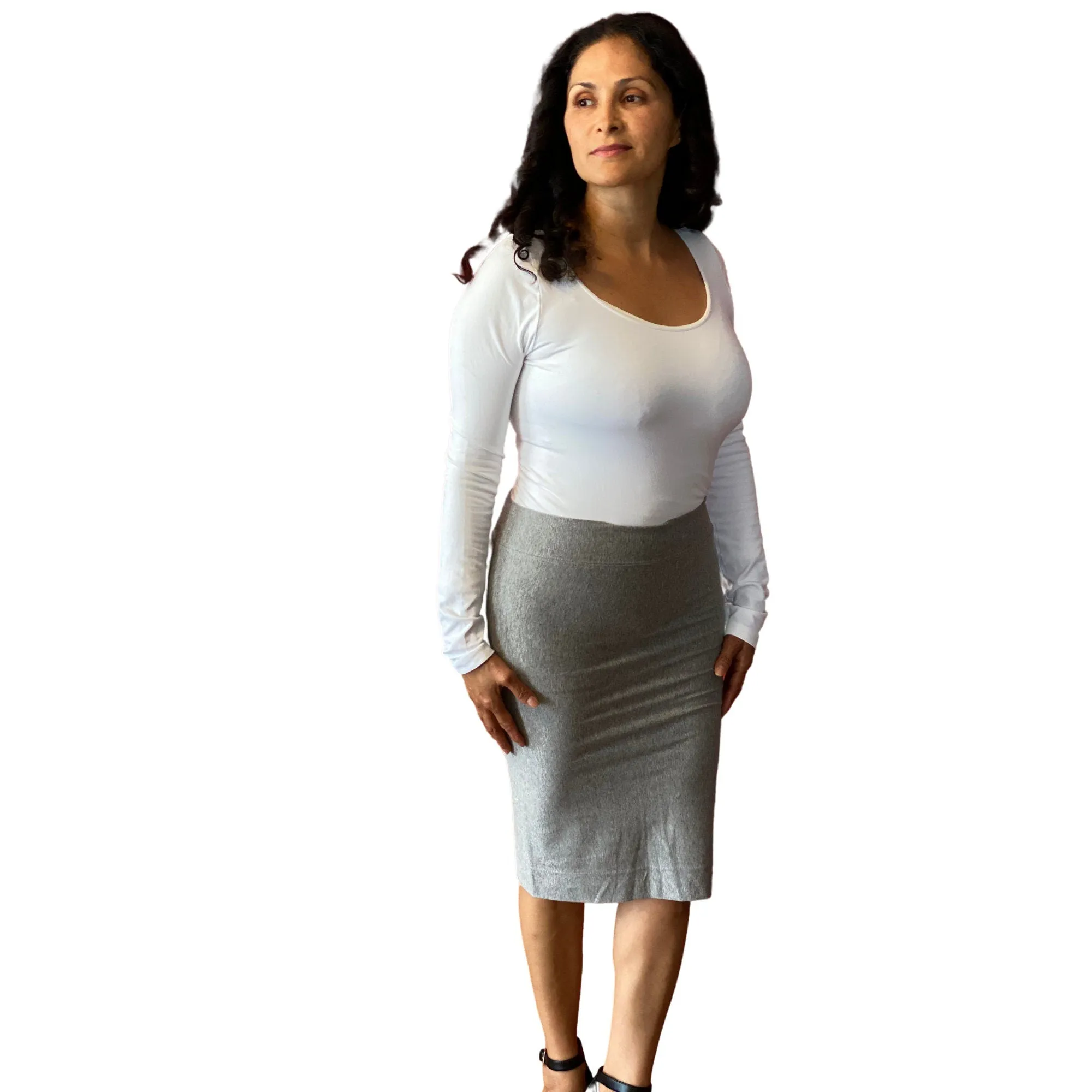 Light Grey Classic Pencil Skirt, Comfort Stretch Pencil Skirt, Everyday Casual Skirt, Stretchy Slimming Silhouette Skirt, Day & Night Skirt