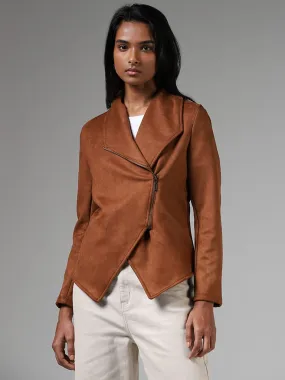 LOV Tan Brown Asymmetrical Zipper Suede Jacket