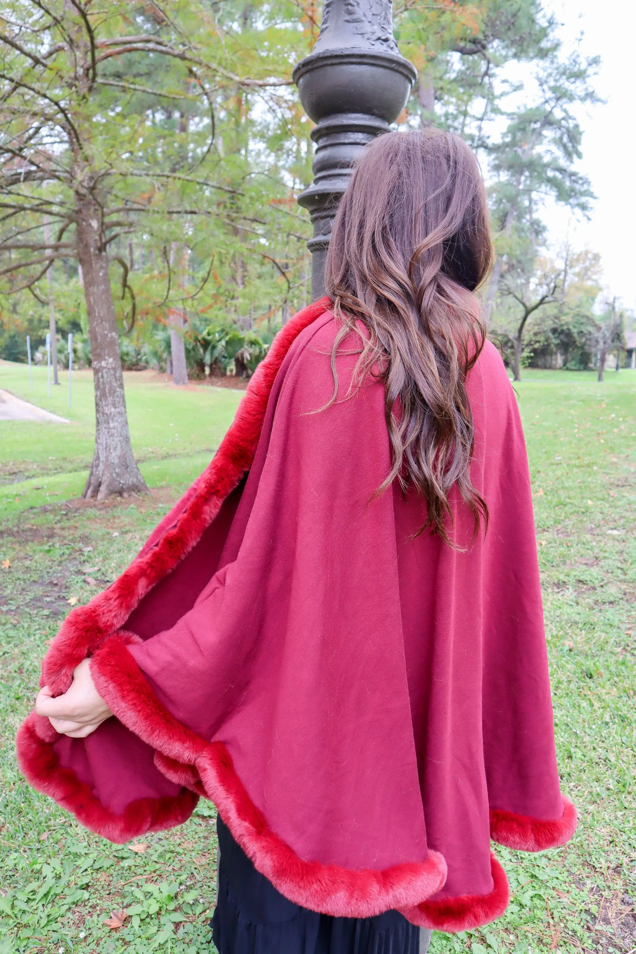 Lubbock Faux Fur Trim Poncho - Wine