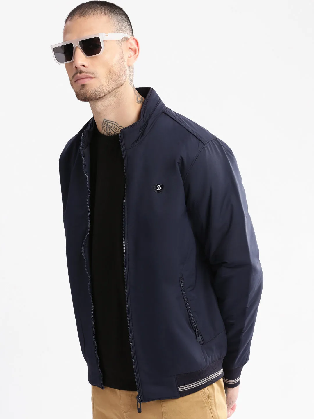 Men Mock Collar Navy Blue Solid Bomber Jacket