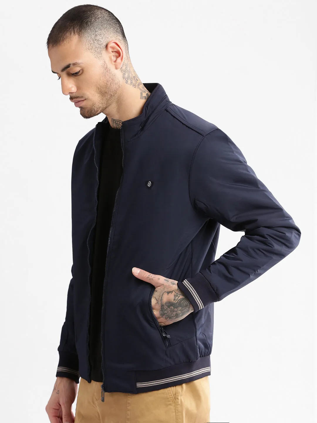 Men Mock Collar Navy Blue Solid Bomber Jacket