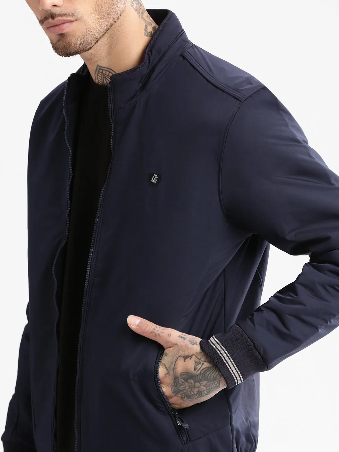 Men Mock Collar Navy Blue Solid Bomber Jacket