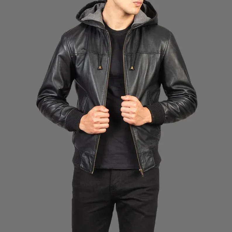 Men's Black Leather Hooded Motorcycle Jacket