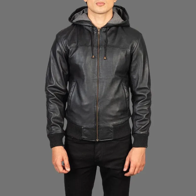 Men's Black Leather Hooded Motorcycle Jacket