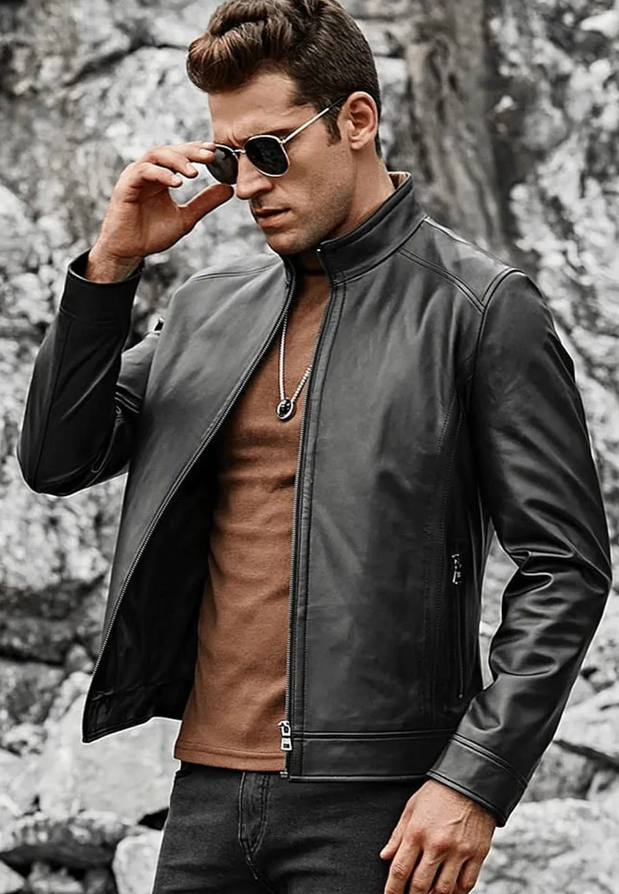 Men's Black Leather Jacket Ban Collar