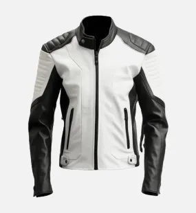 Men's Black White Cafe Racer Leather Jacket