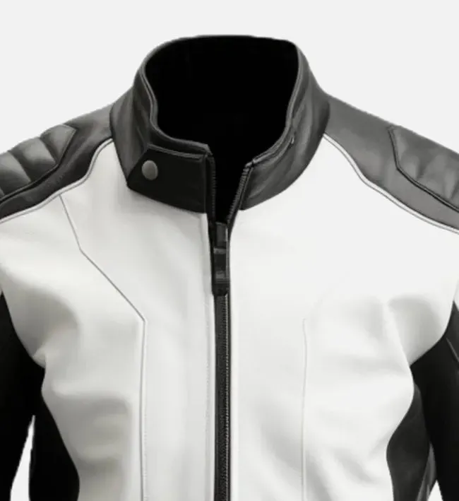 Men's Black White Cafe Racer Leather Jacket