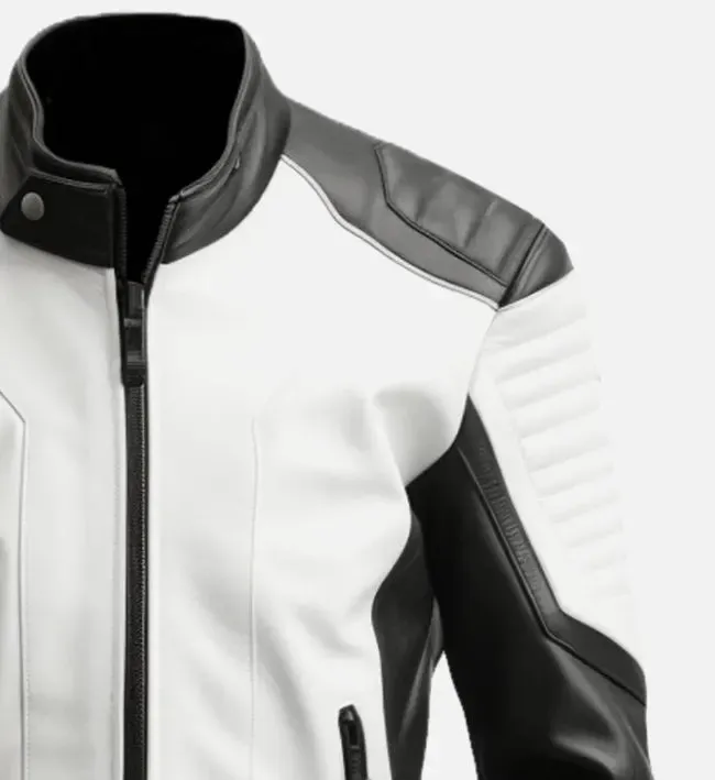 Men's Black White Cafe Racer Leather Jacket