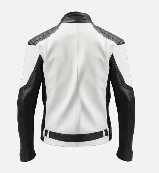 Men's Black White Cafe Racer Leather Jacket