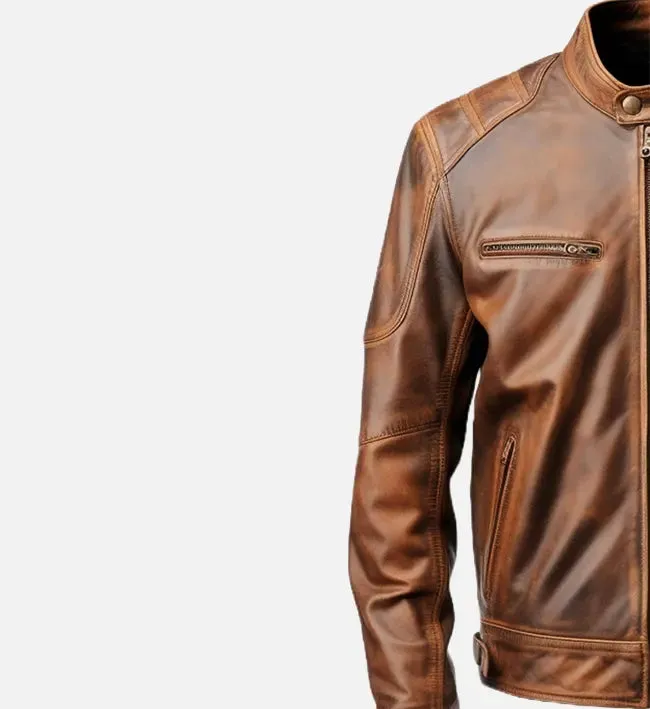 Men's Brown Distressed Cafe Racer Leather Jacket