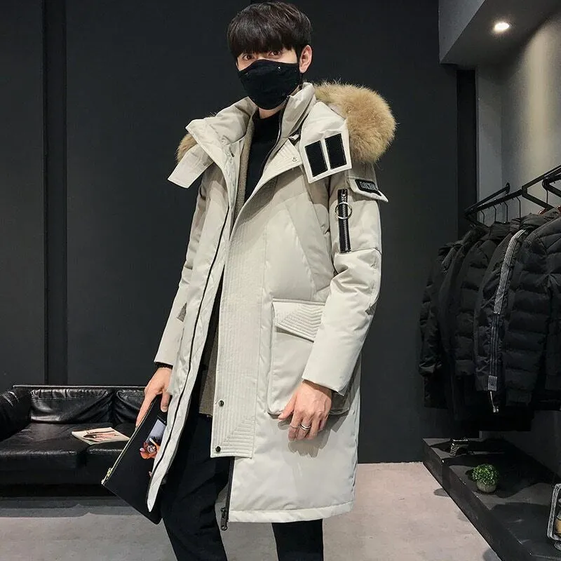 Men's Down Jacket Mid-length Hooded Fur Collar Plus Velvet Workwear Duck Down Coat | 896