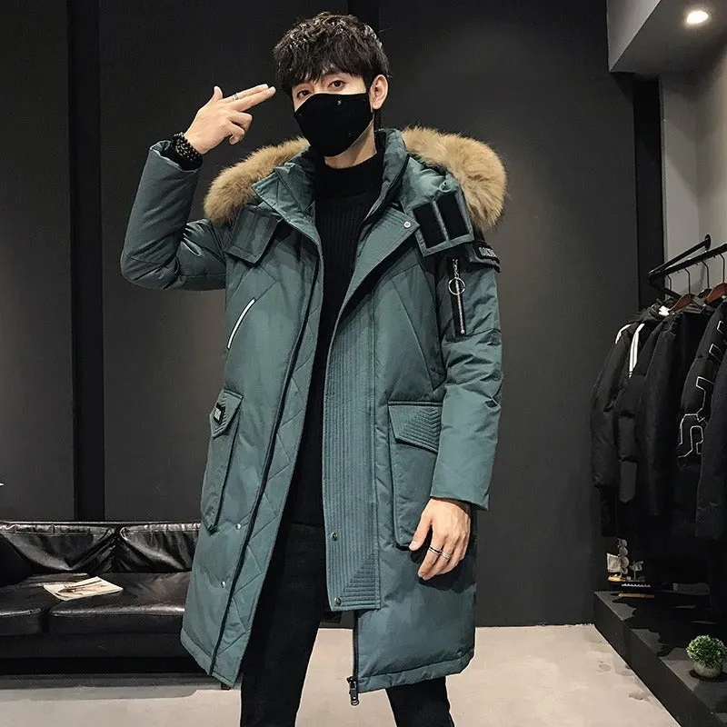 Men's Down Jacket Mid-length Hooded Fur Collar Plus Velvet Workwear Duck Down Coat | 896