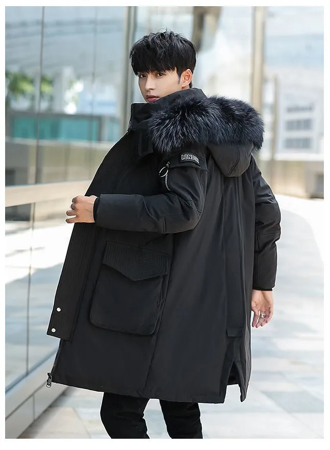 Men's Down Jacket Mid-length Hooded Fur Collar Plus Velvet Workwear Duck Down Coat | 896