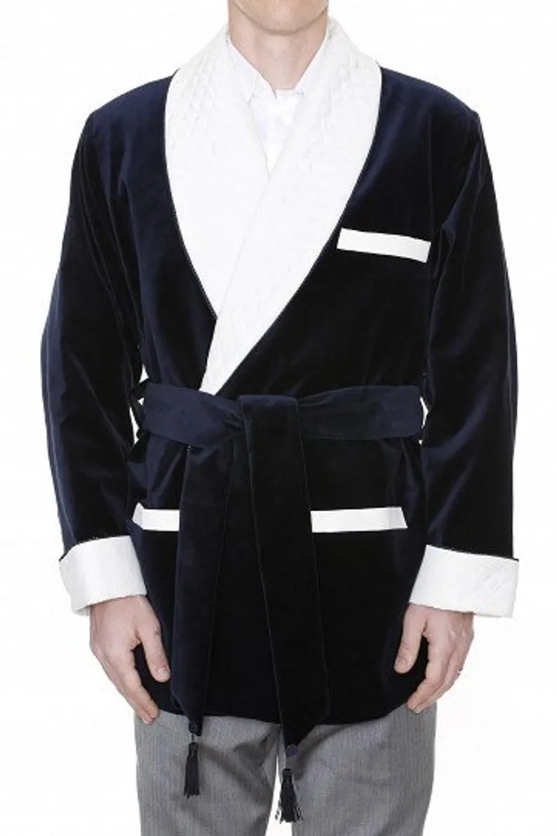 Mens Jackets Navy Velvet Quilted Robe De chambre Evening Dinner Coat Robe