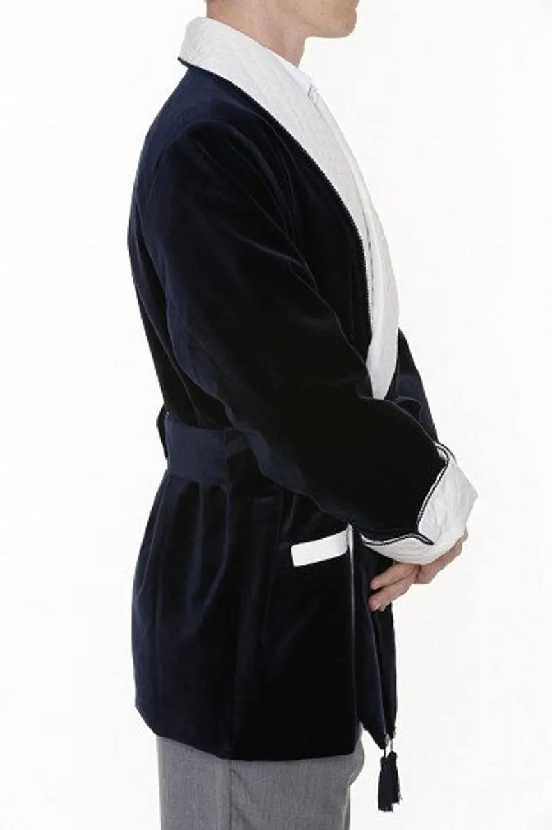 Mens Jackets Navy Velvet Quilted Robe De chambre Evening Dinner Coat Robe