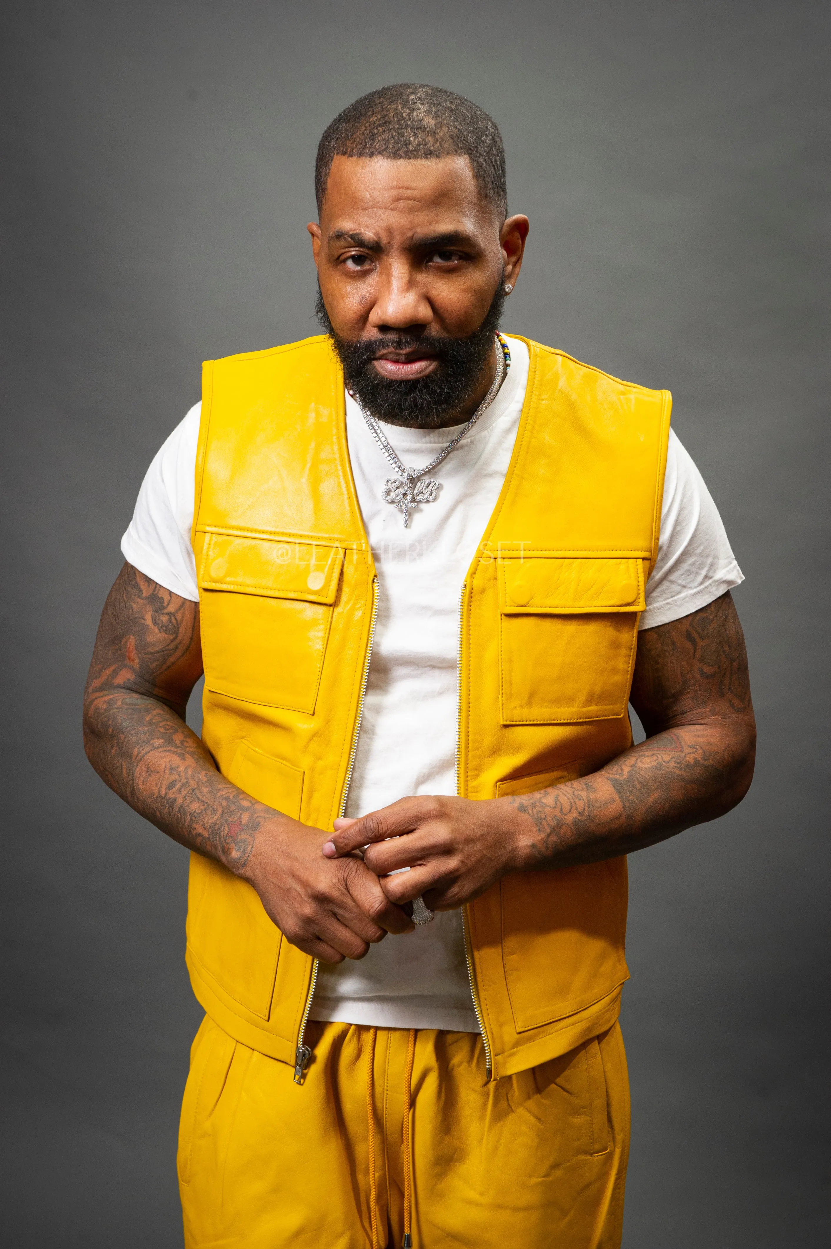 Men's Leather Brooklyn Vest With Leather Basketball Shorts [Yellow/White]