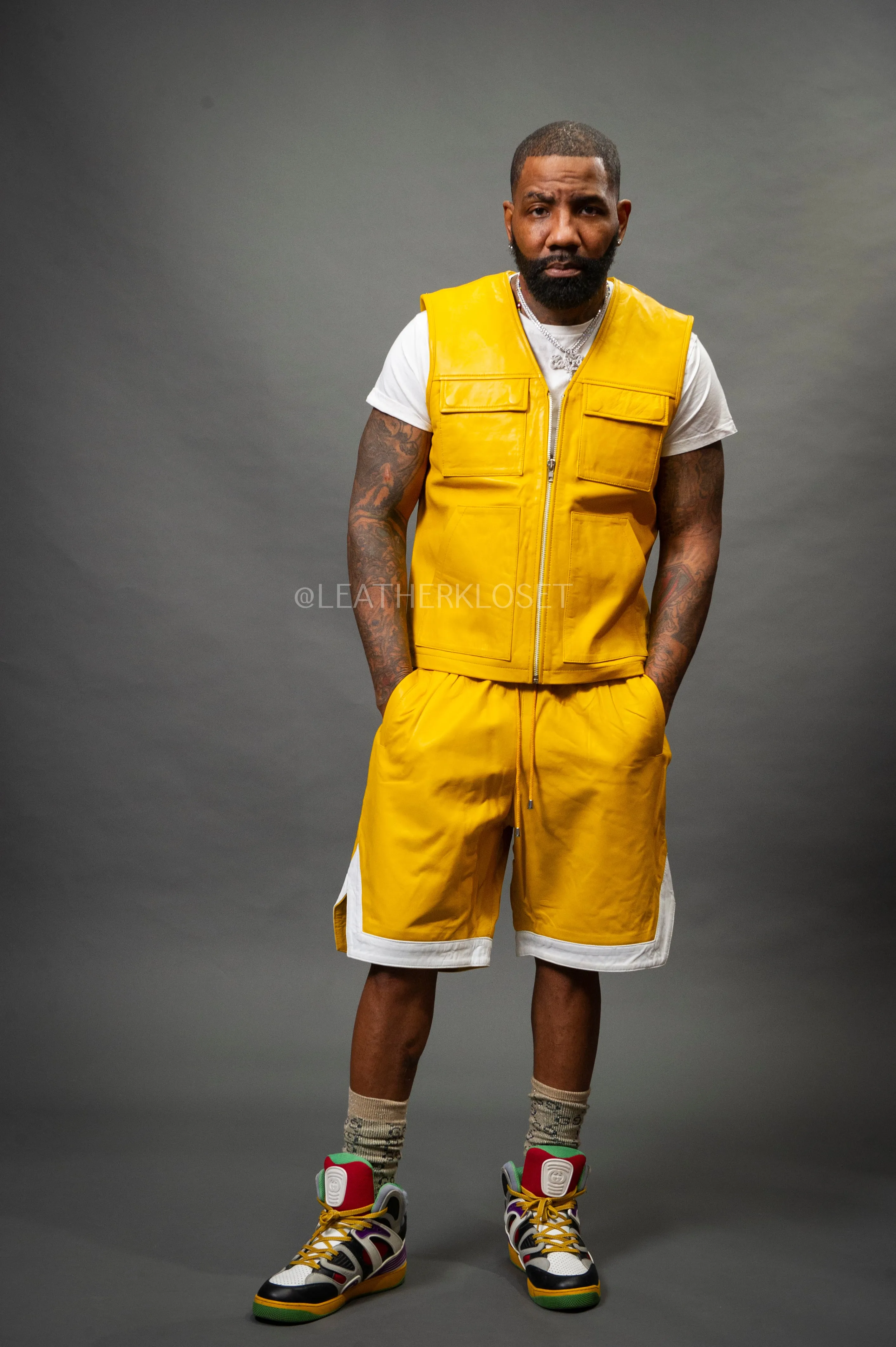 Men's Leather Brooklyn Vest With Leather Basketball Shorts [Yellow/White]