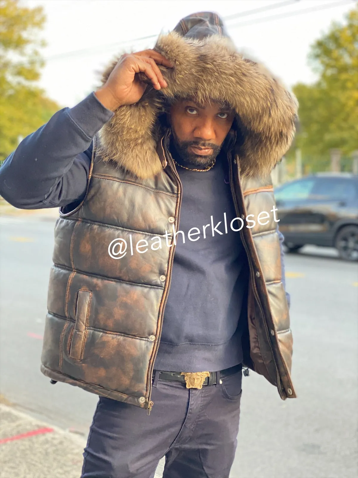 Men's Leather Bubble Vest Copper With Premium Raccoon Hood