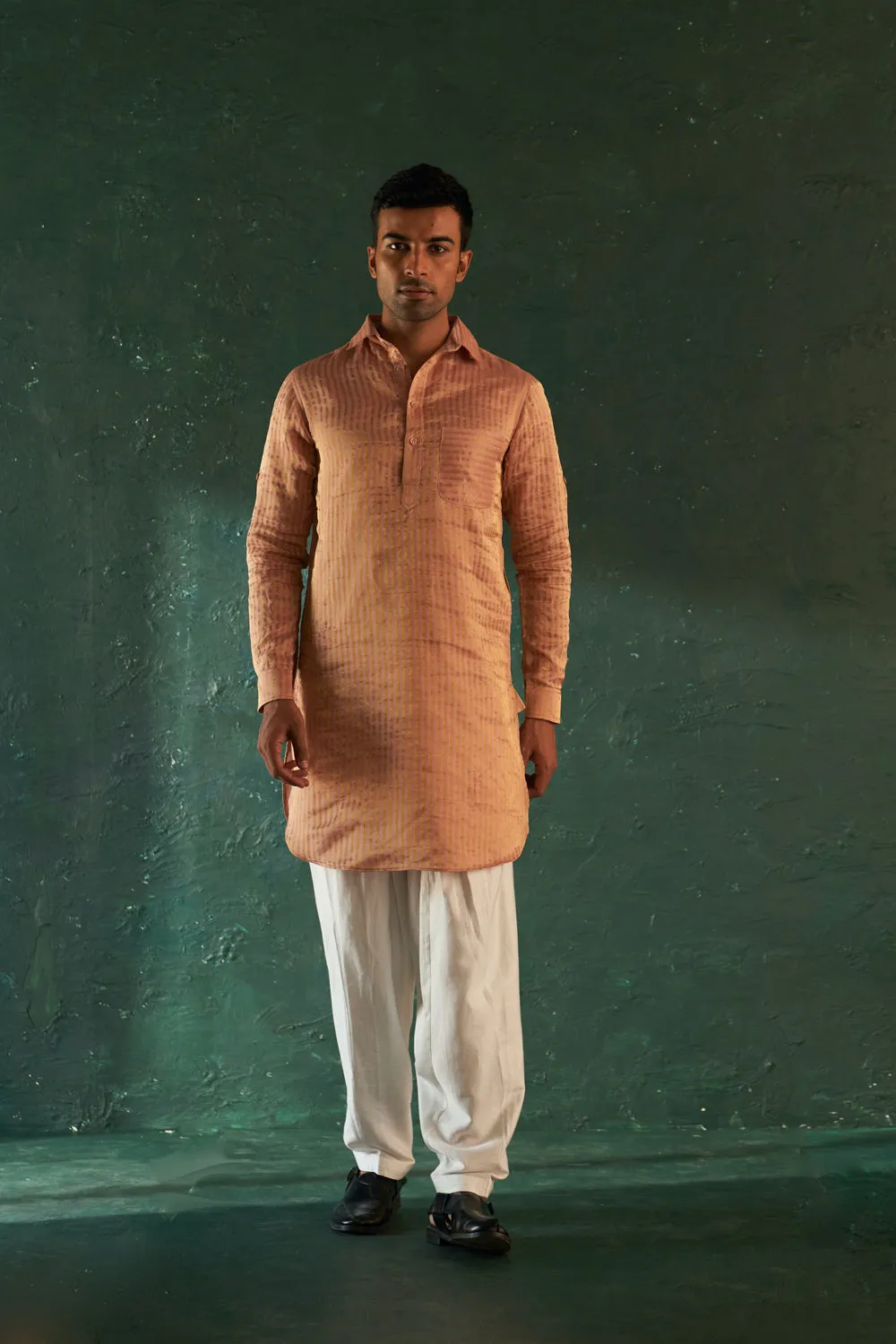 Midas Old Rose Tissue Stripe Pathani Kurta With Salwar- Set Of 2