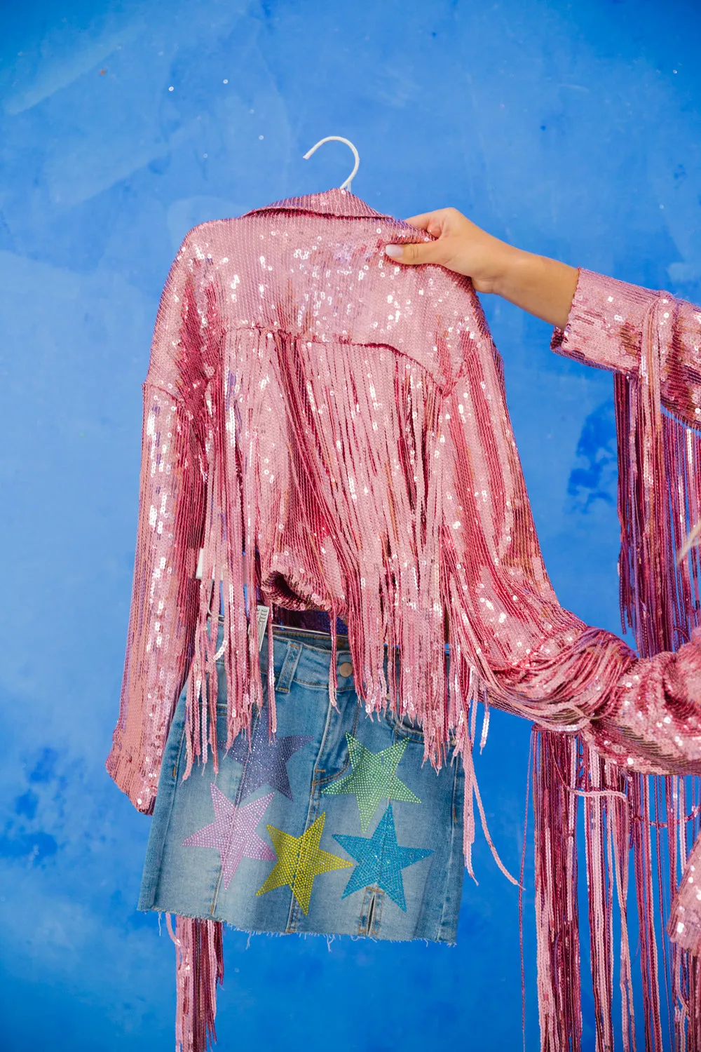 MINI KIDS PINK SEQUIN FRINGE JACKET