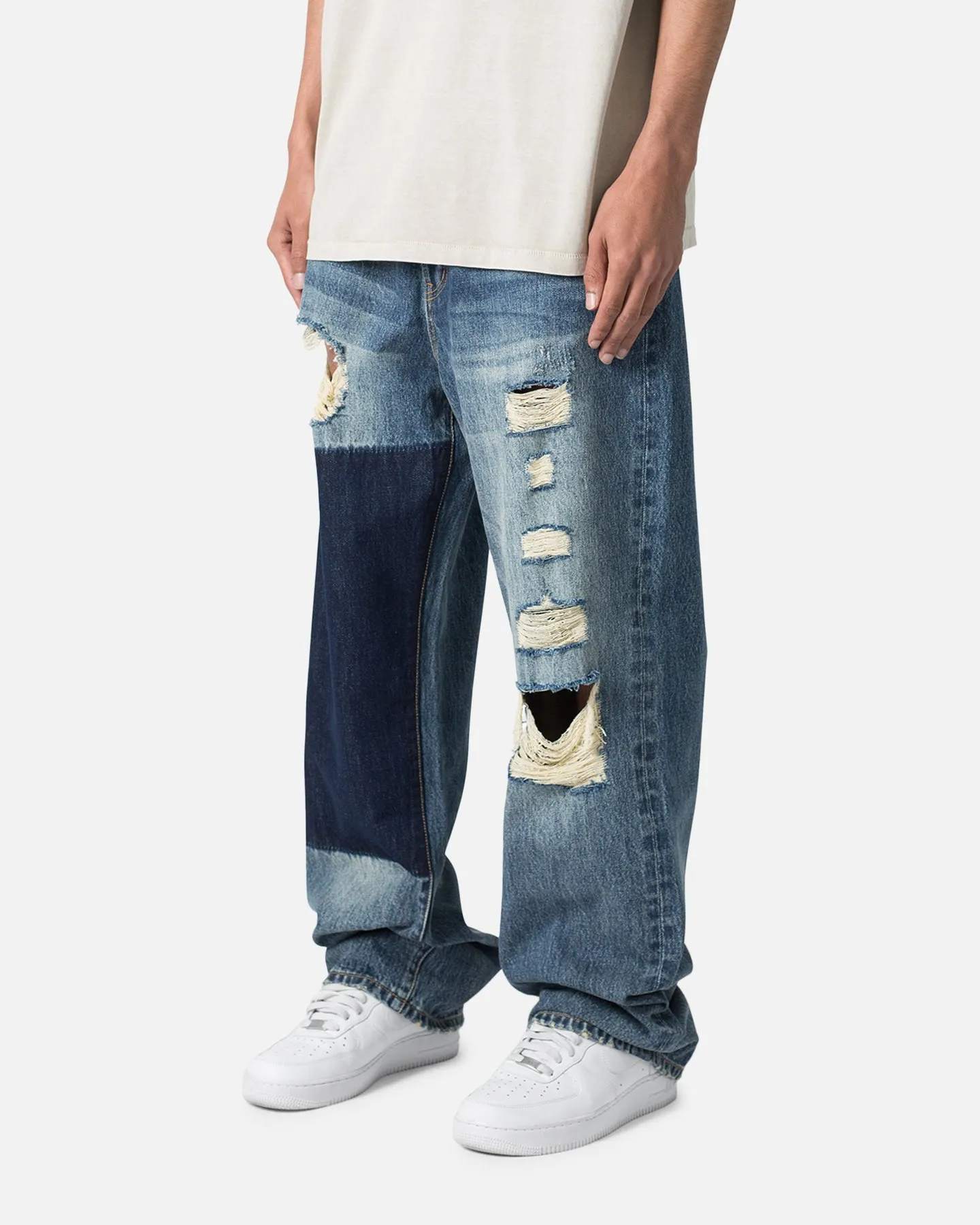 MNML Ultra Baggy Knee Thrashed Denim Jeans Blue