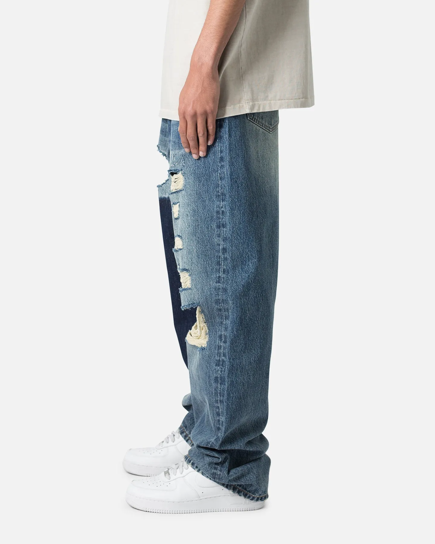 MNML Ultra Baggy Knee Thrashed Denim Jeans Blue