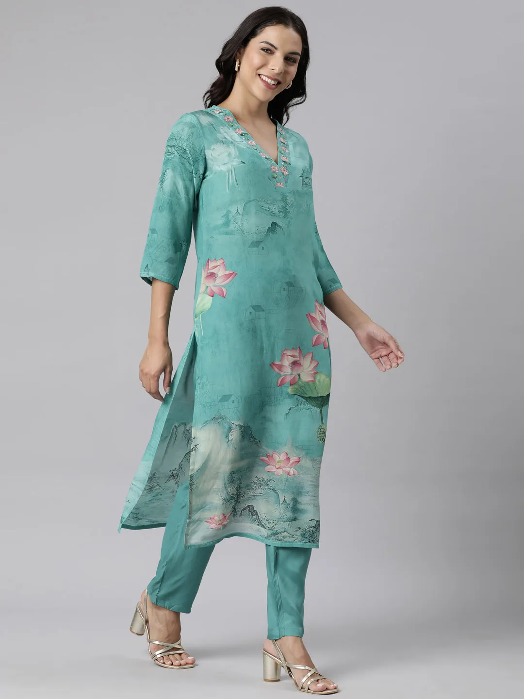 Neerus Sea Green Panelled Straight Printed Kurta And Trousers With Dupatta