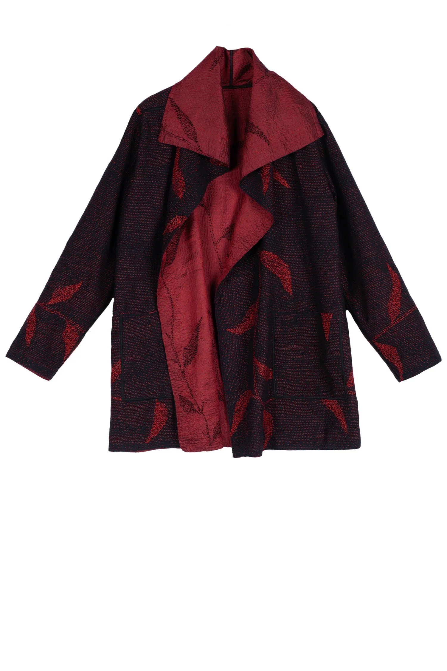 NIGHT BAMBOO SILK COTTON KANTHA POCKET JKT - nb2002-red -