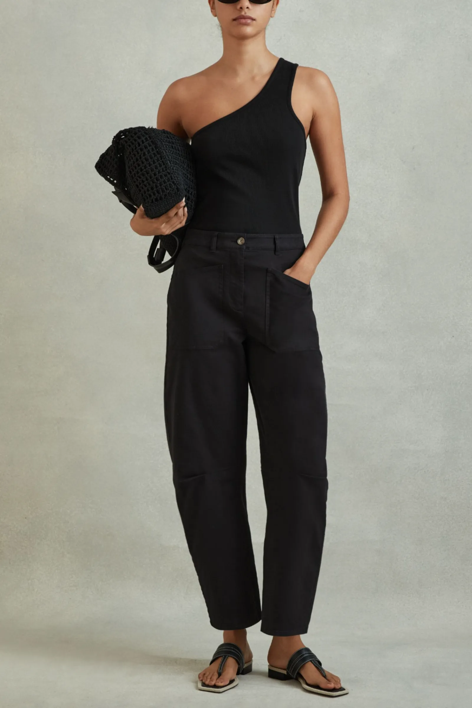 Nova Black Cotton Blend Barrel Leg Trousers