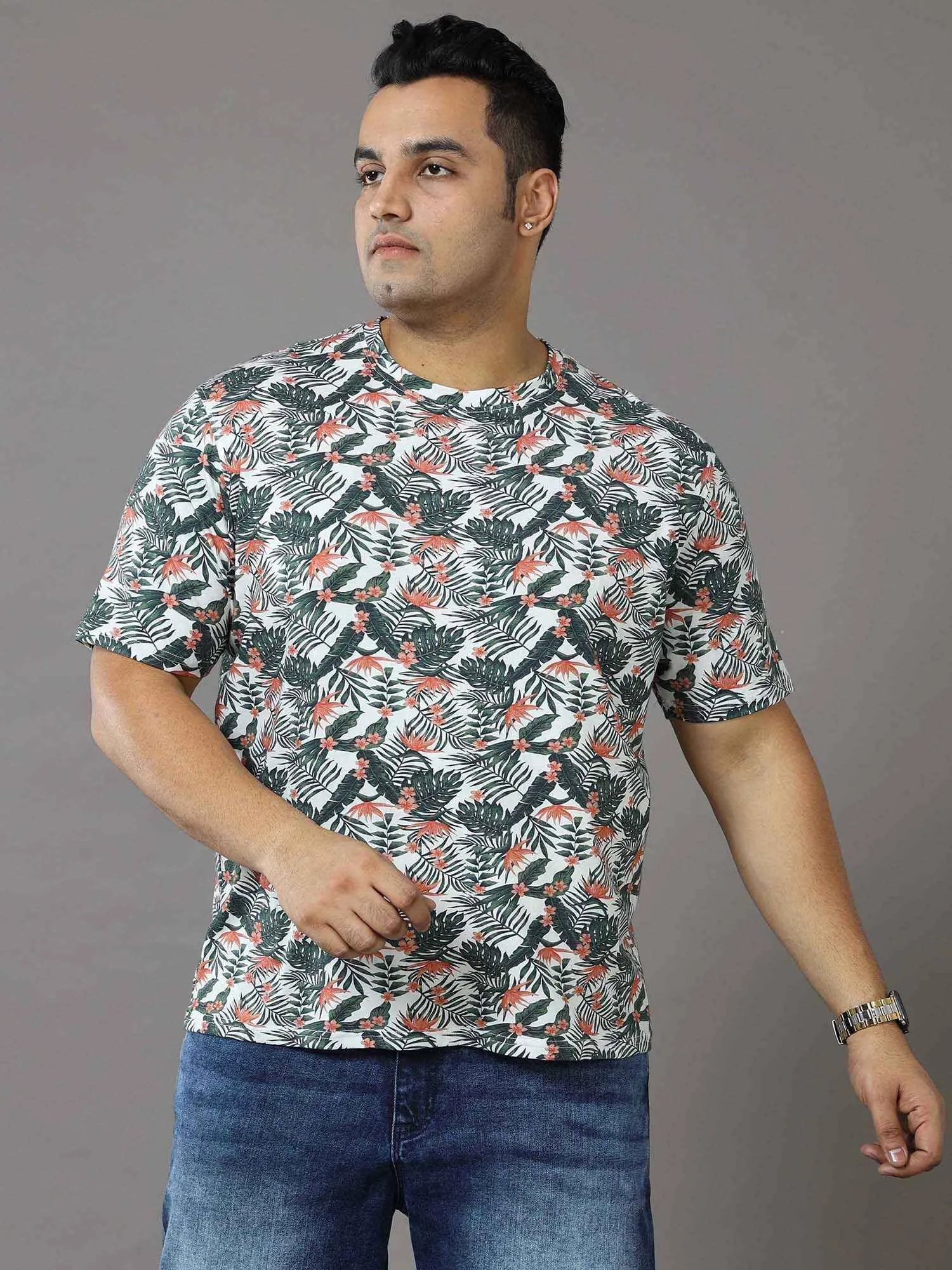 OAK Leaf Green Digital Printed Round Neck T-Shirt Men's Plus Size