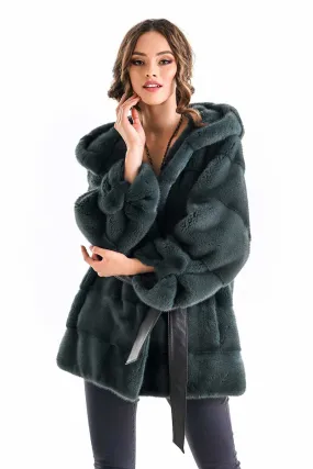 Olive Elegant Genuine Mink Fur Hooded Coat