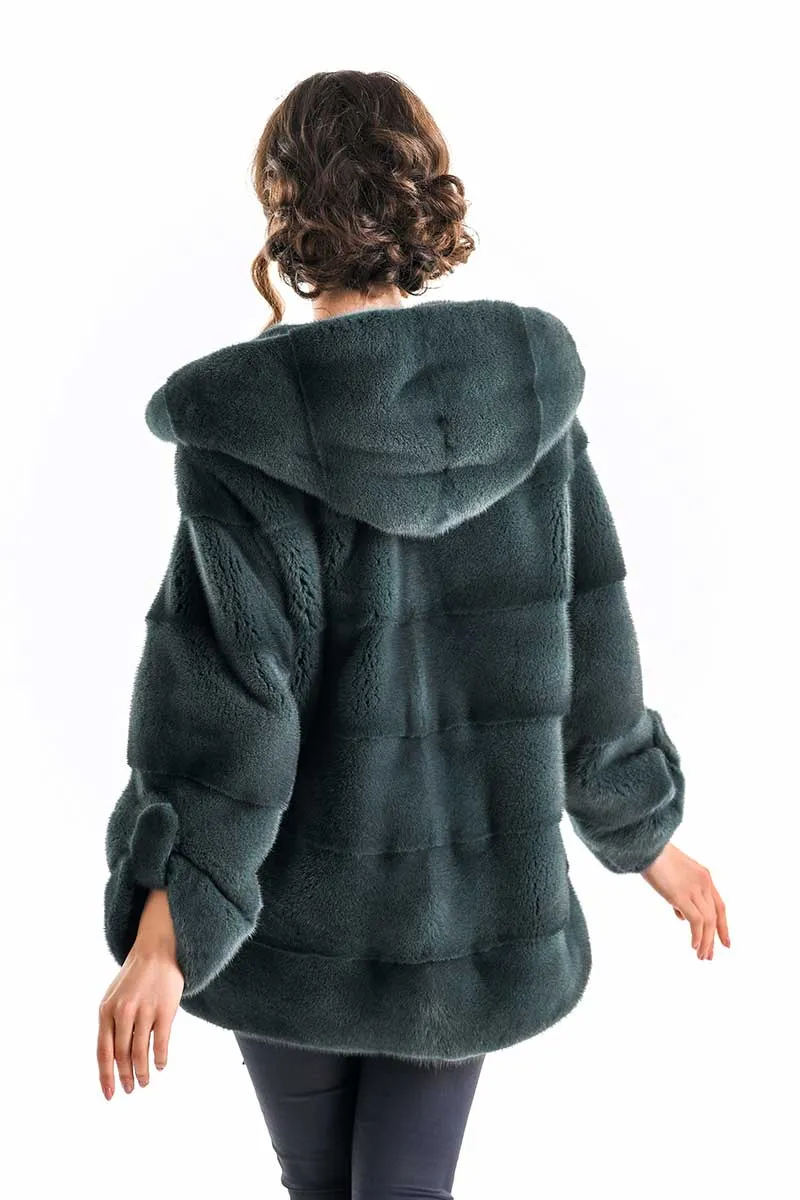 Olive Elegant Genuine Mink Fur Hooded Coat