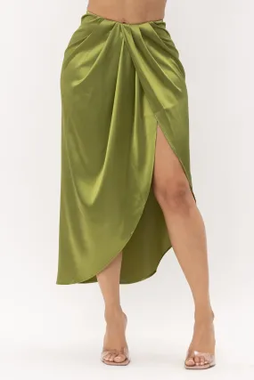 Olive Satin Open Front Ruched Wrap Flare Maxi Skirt