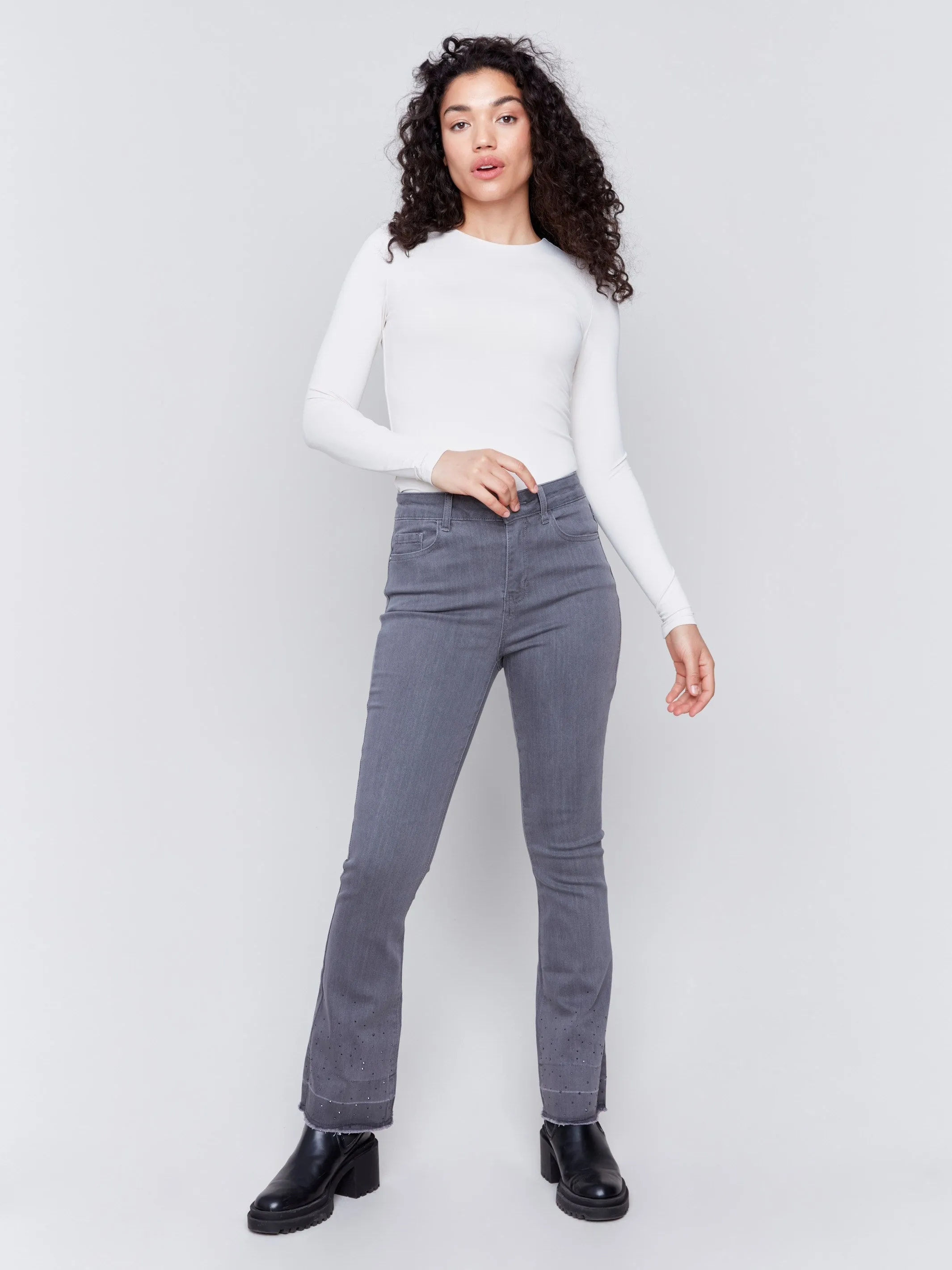 Ombre Hem Flare Jeans with Studs - Medium Grey