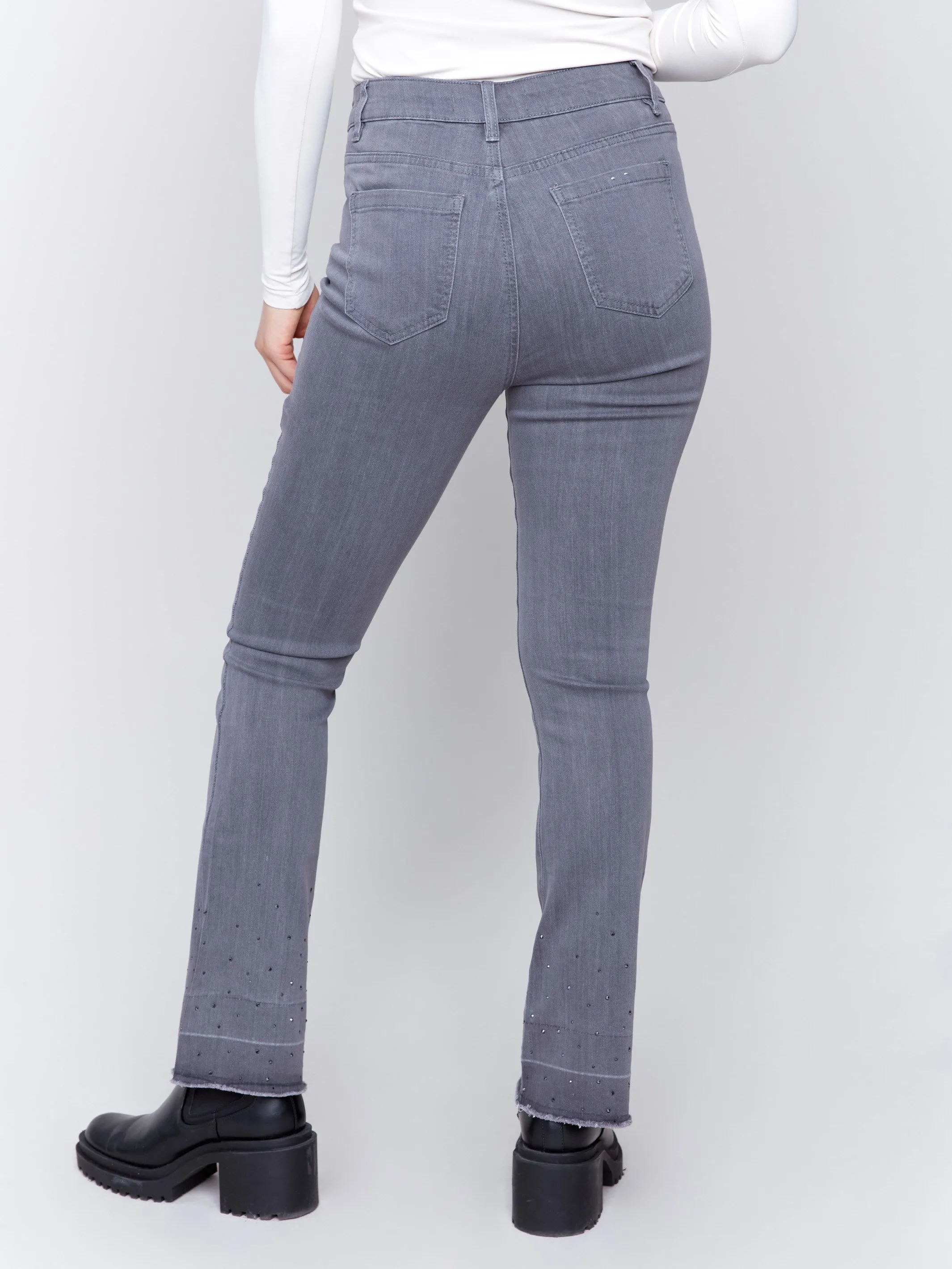 Ombre Hem Flare Jeans with Studs - Medium Grey