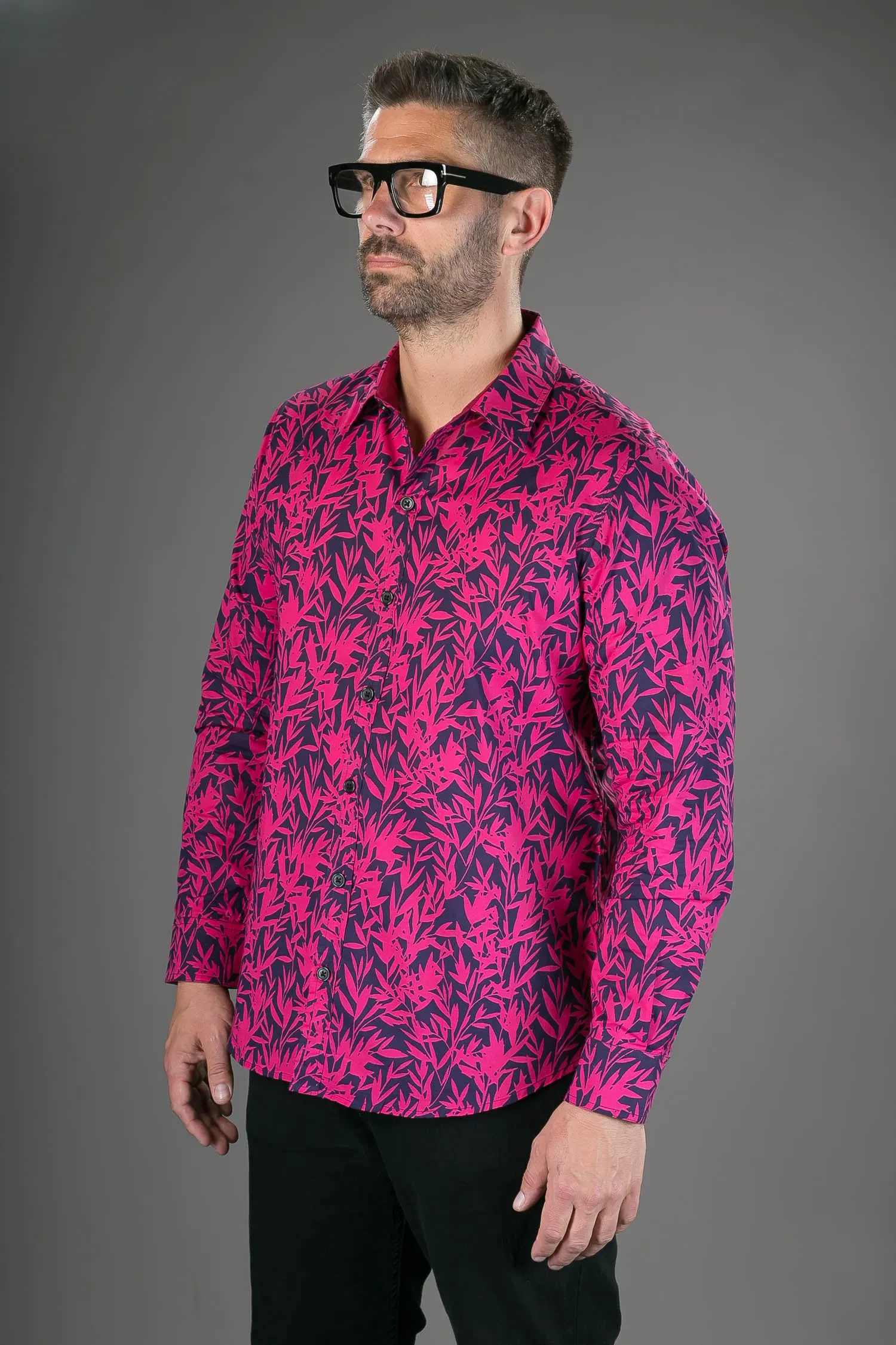 Pink Floral Print Cotton Slim-Fit Long-Sleeve Mens Shirt