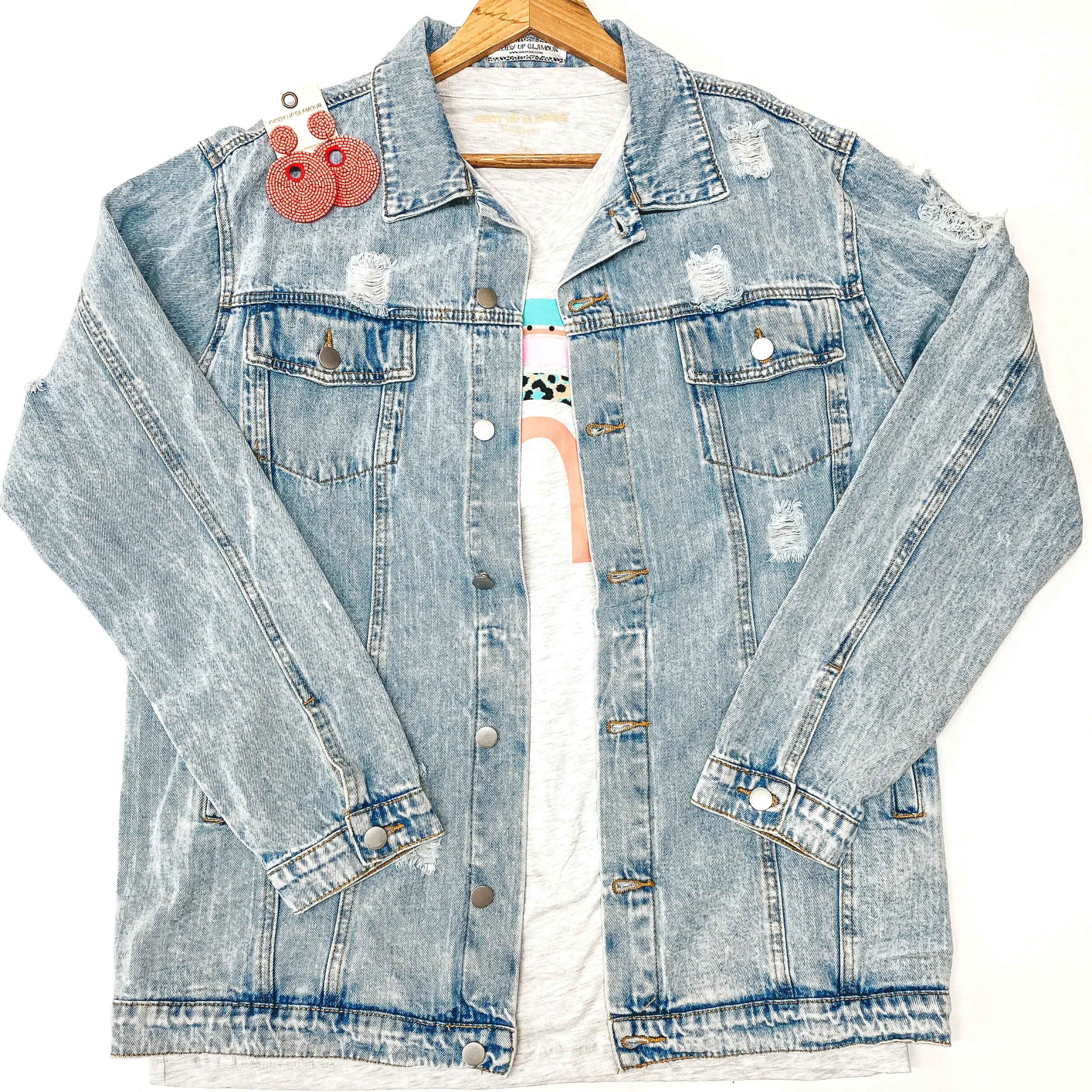 Plus Sizes | On The Road Distressed Button Up Denim Jacket in Light Wash