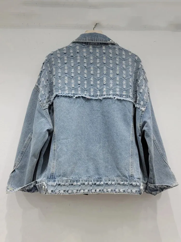 Pre Order:  Colorful Diamond Pearl Burrs Ripped Denim Jacket