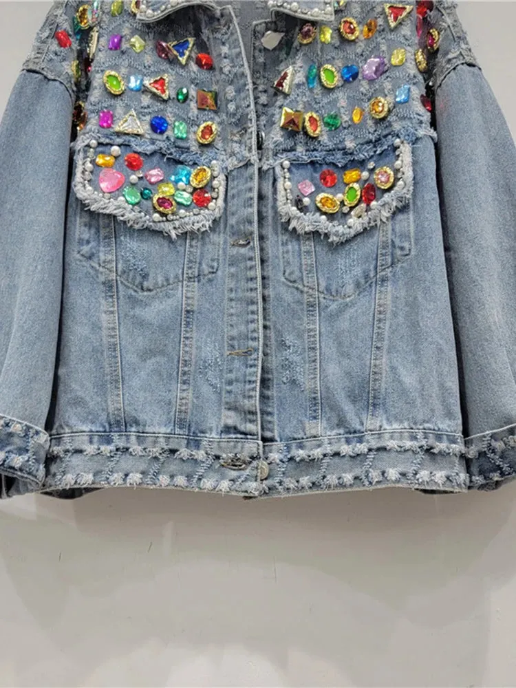 Pre Order:  Colorful Diamond Pearl Burrs Ripped Denim Jacket