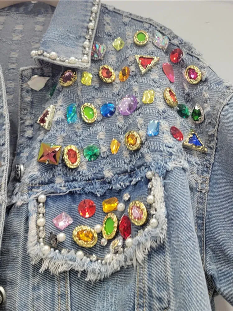 Pre Order:  Colorful Diamond Pearl Burrs Ripped Denim Jacket