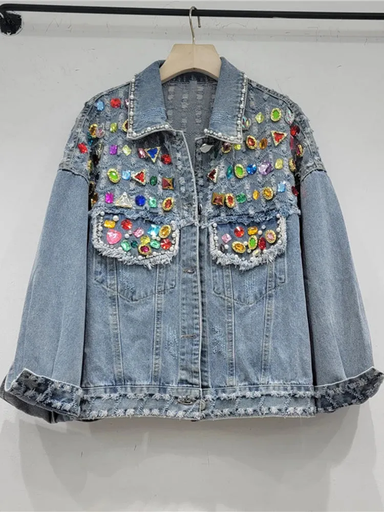 Pre Order:  Colorful Diamond Pearl Burrs Ripped Denim Jacket