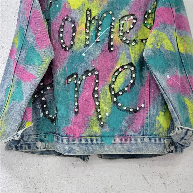 Pre Order:  Diamond Inlaid Letter Spray Painted Denim Jacket