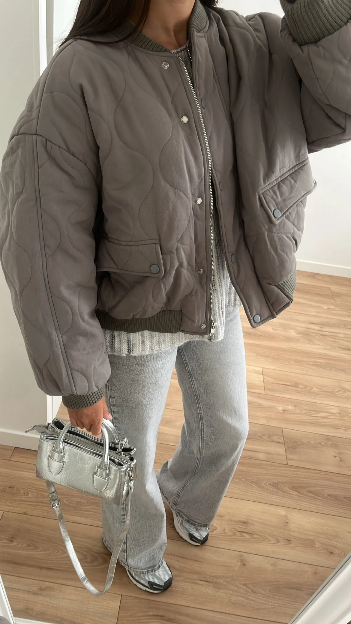 Quilted anthracite gray bomber jacket