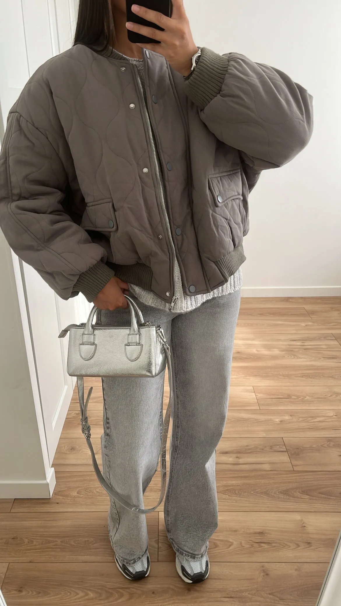 Quilted anthracite gray bomber jacket