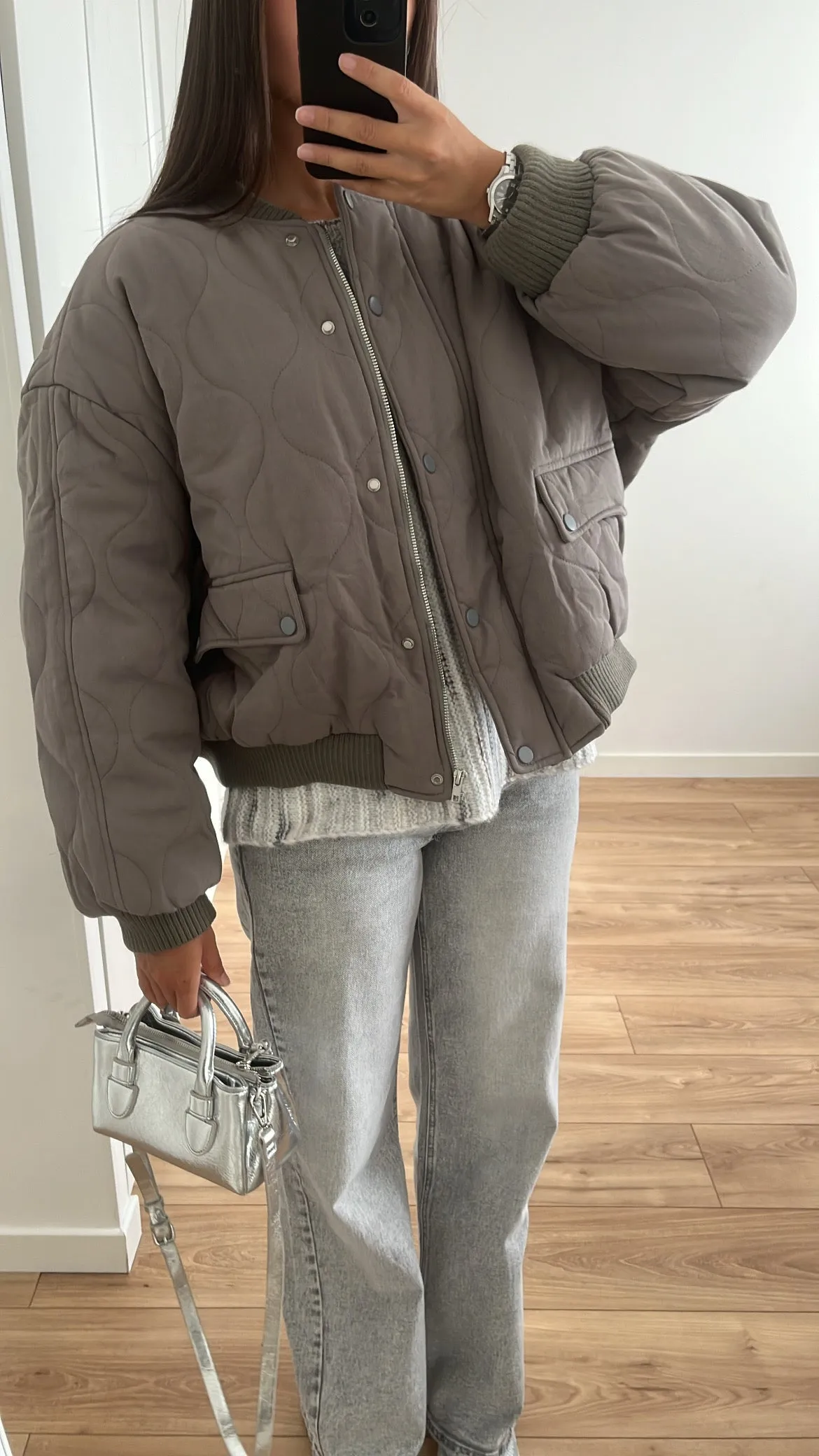 Quilted anthracite gray bomber jacket