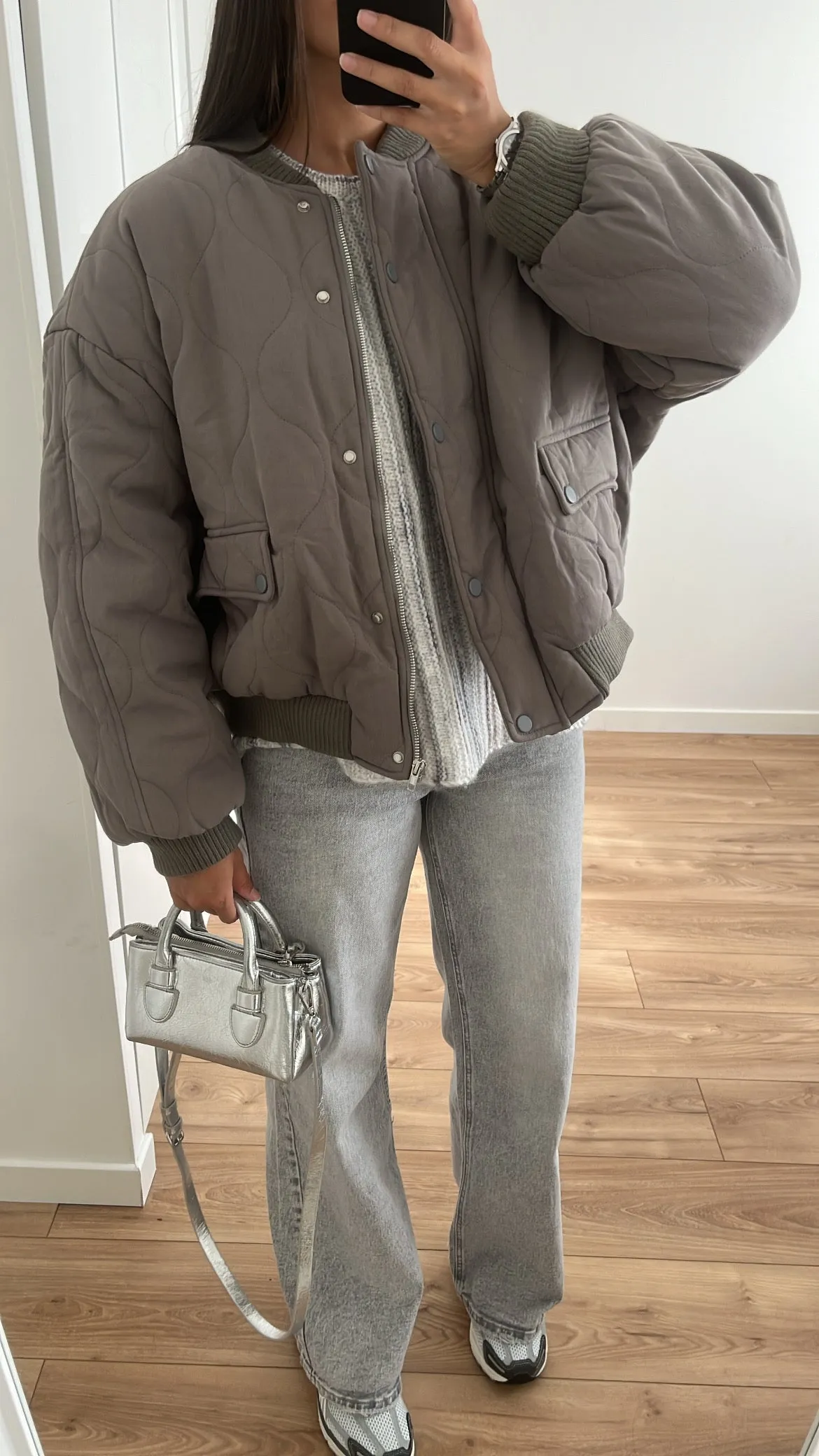 Quilted anthracite gray bomber jacket