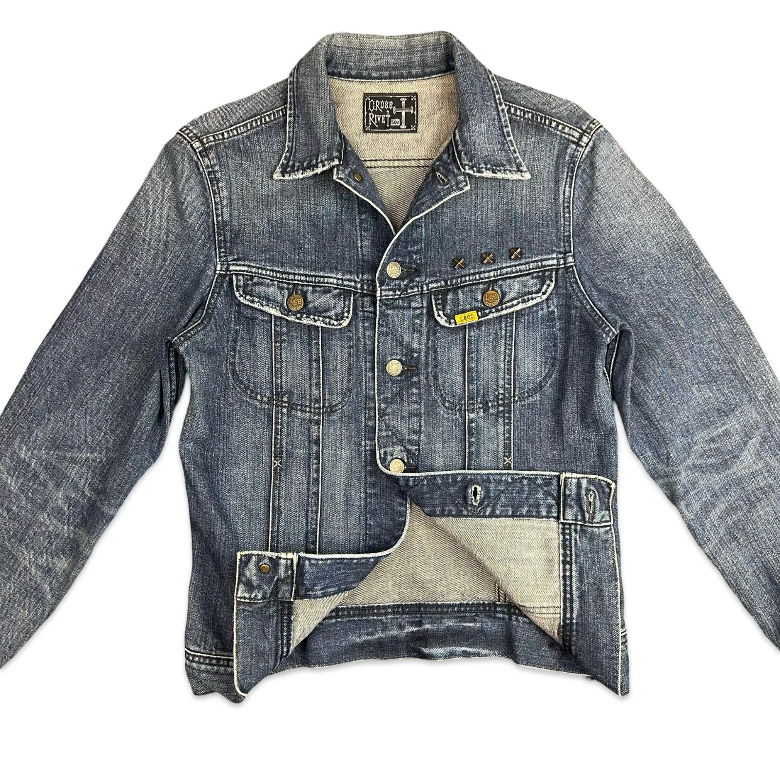 RARE LTD EDTN LEE RIDERS CROSS RIVET DENIM JACKET FACTORY DISTRESSED XS 34”