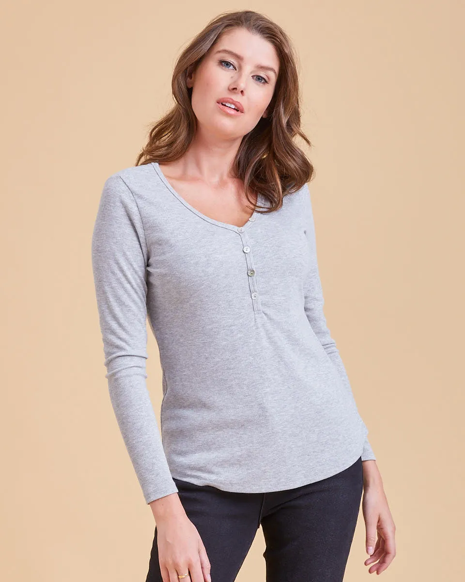 Rib Henley Nursing Top - Grey Marle