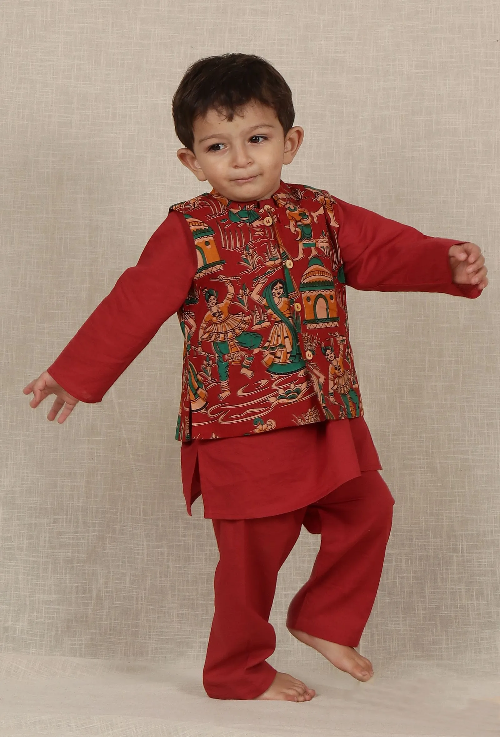 Set Of 3: Aadyot Maroon Red Cotton Kurta, Pyjama With Kalamkari Nehru Jacket