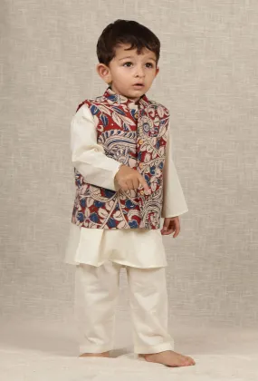 Set Of 3: Angad Off-white Cotton Kurta, Pyjama & Beige Cream Kalamkari Nehru Jacket